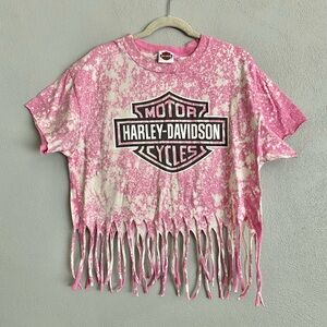 Harley Davidson T-shirt Size Large Fringe Ends Tie Dye Pink White Davenport Iowa